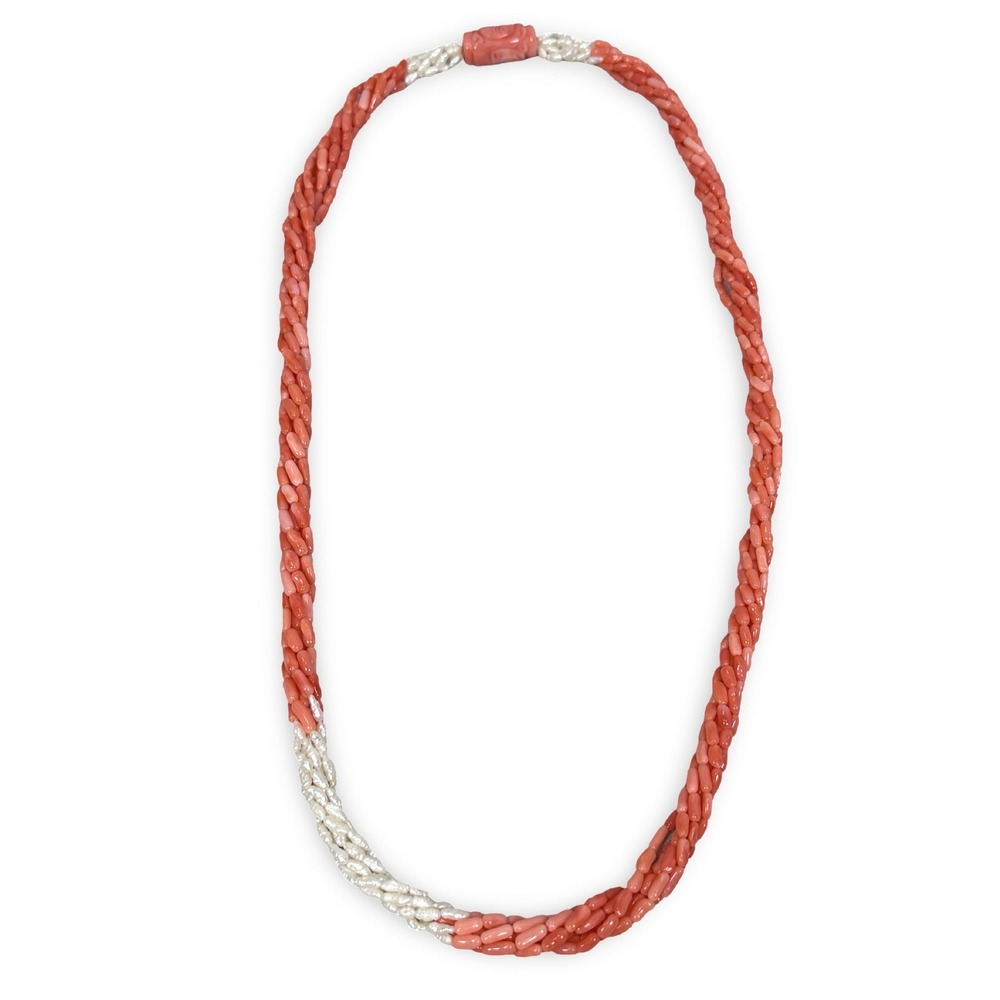 Vintage Angel Skin Coral and Freshwater Pearl 6 Strand Torsade Necklace Carved